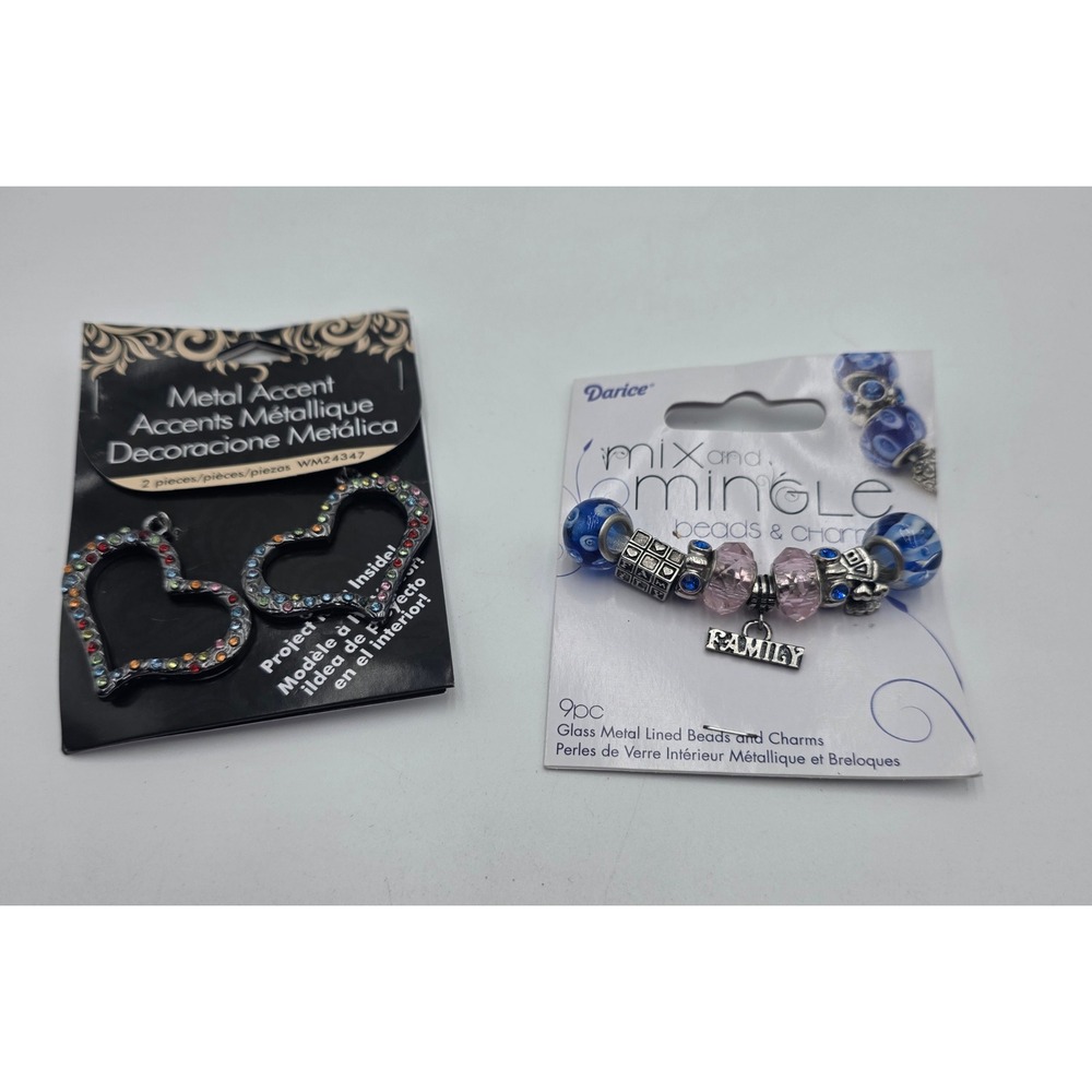 Darice Mix and Mingle Beads Family Charm & Rhinestone Heart Metal Accents NEW